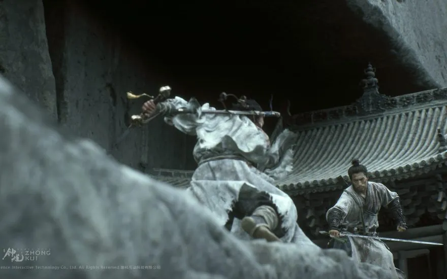 Black Myth: Zhong Kui characters facing each other outside a traditional Chinese building