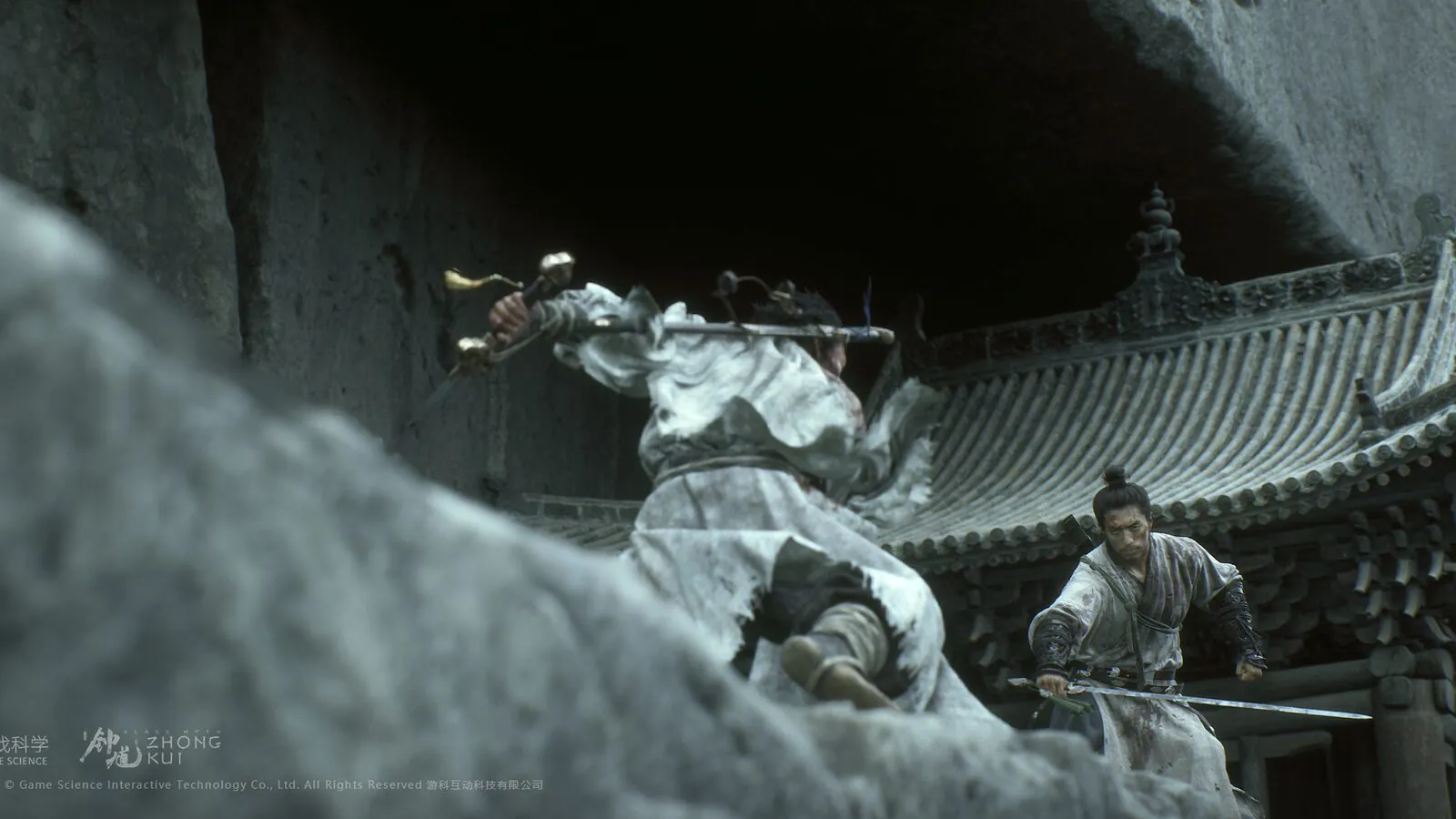 Black Myth: Zhong Kui characters facing each other outside a traditional Chinese building
