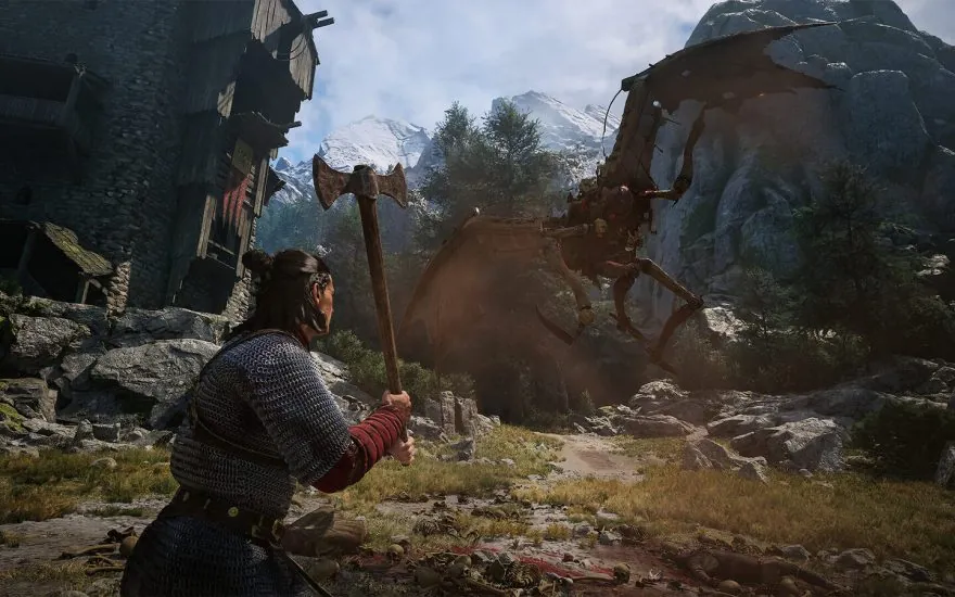 A warrior with an axe faces a winged creature in a mountain village in The Blood of Dawnwalker.