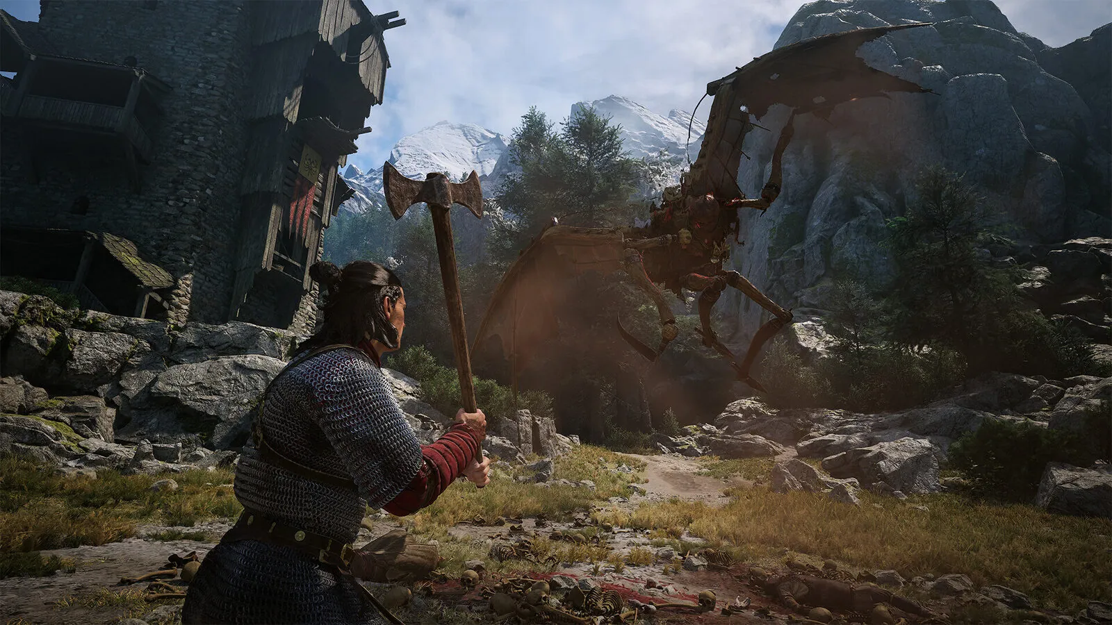 A warrior with an axe faces a winged creature in a mountain village in The Blood of Dawnwalker.