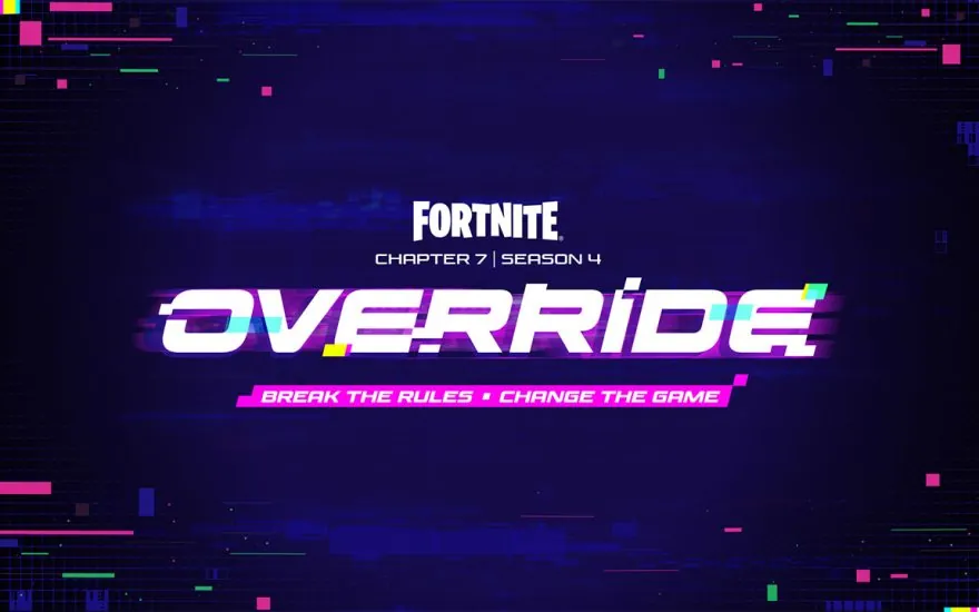 Fortnite Chapter 7 Season 4 Override glitch-styled logo artwork