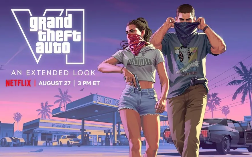 Key art for Grand Theft Auto VI: An Extended Look, the Netflix premiere scheduled for August 27