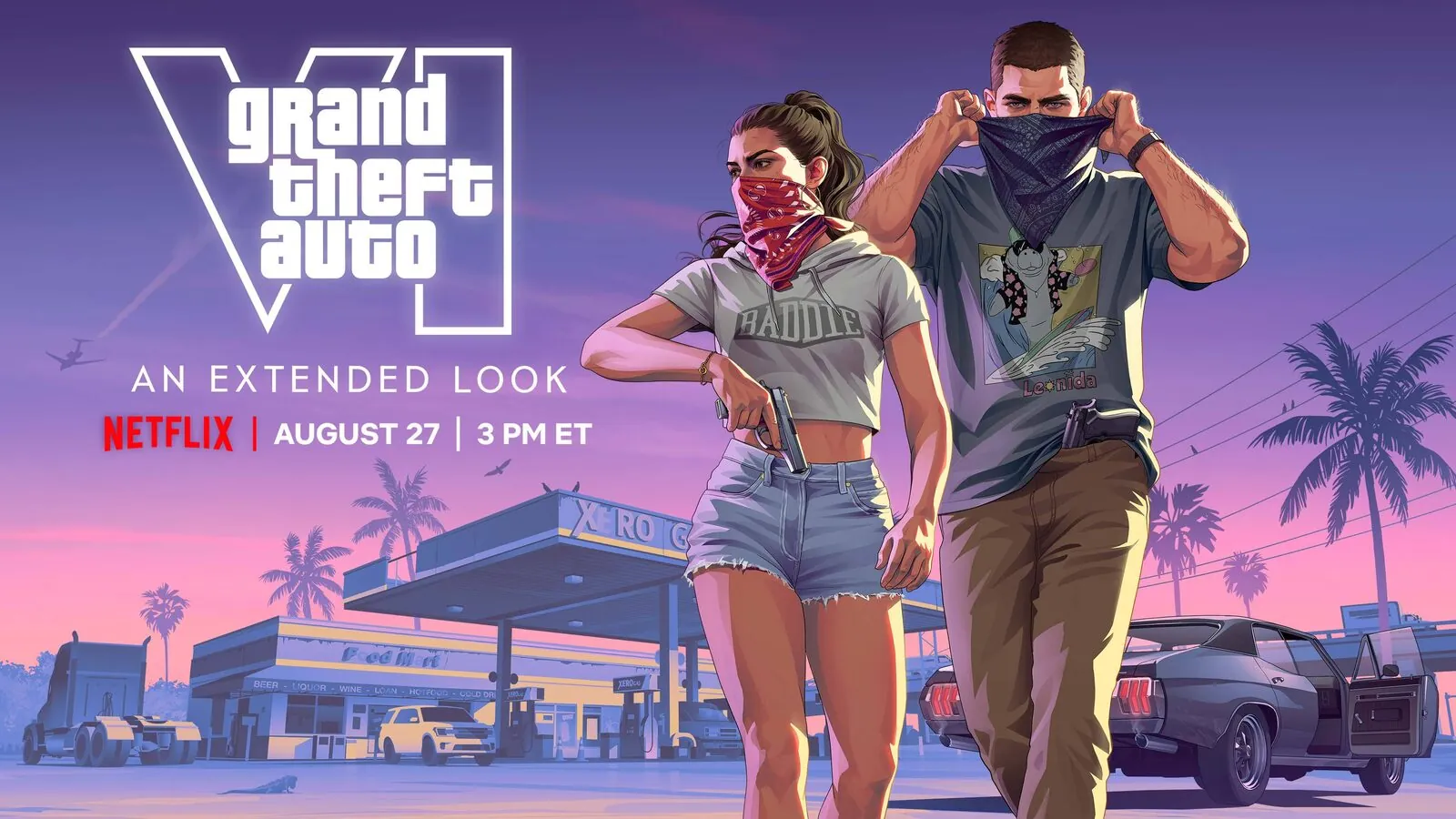 Key art for Grand Theft Auto VI: An Extended Look, the Netflix premiere scheduled for August 27