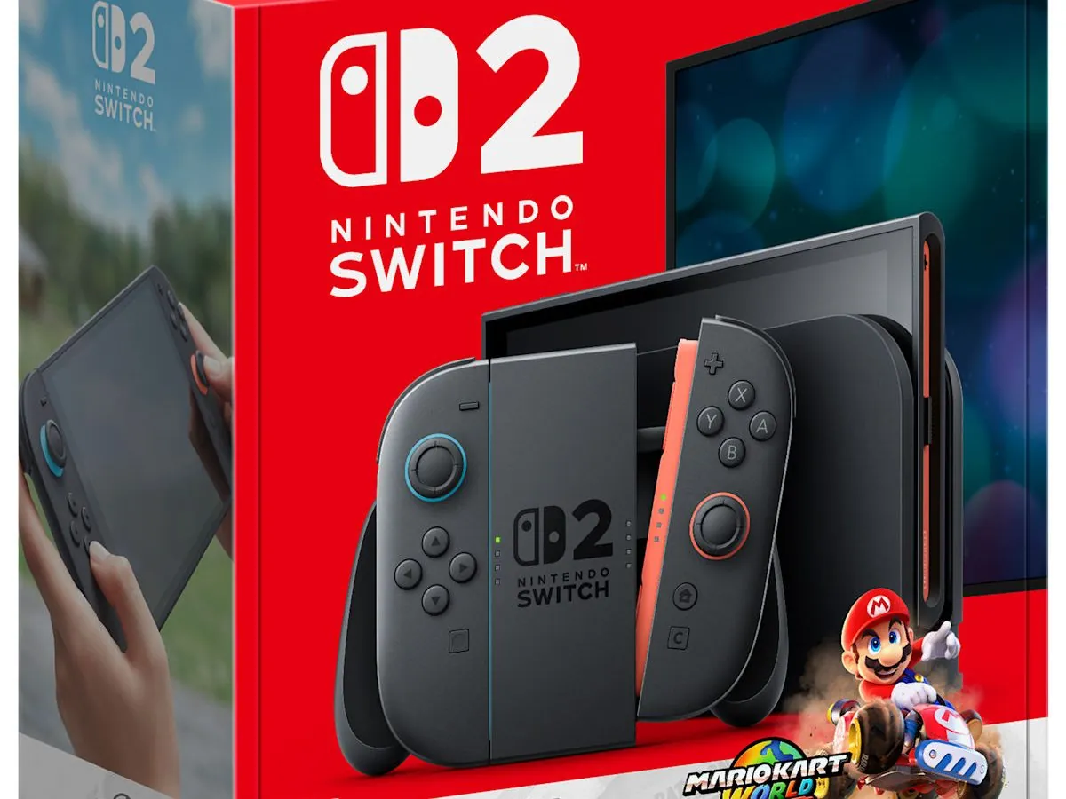 Nintendo Switch 2 console bundle box with Mario Kart World, showing the system, dock, Joy-Con controllers and Mario kart artwork