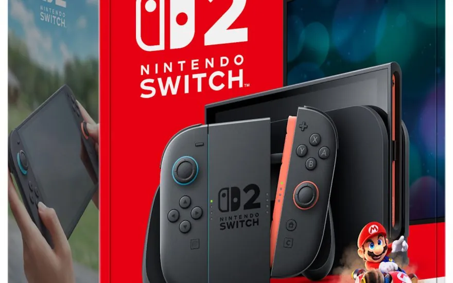 Nintendo Switch 2 console bundle box with Mario Kart World, showing the system, dock, Joy-Con controllers and Mario kart artwork