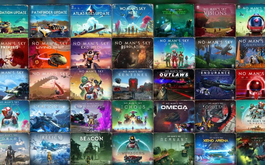 No Man’s Sky anniversary montage showing planets, spacecraft, and alien landscapes