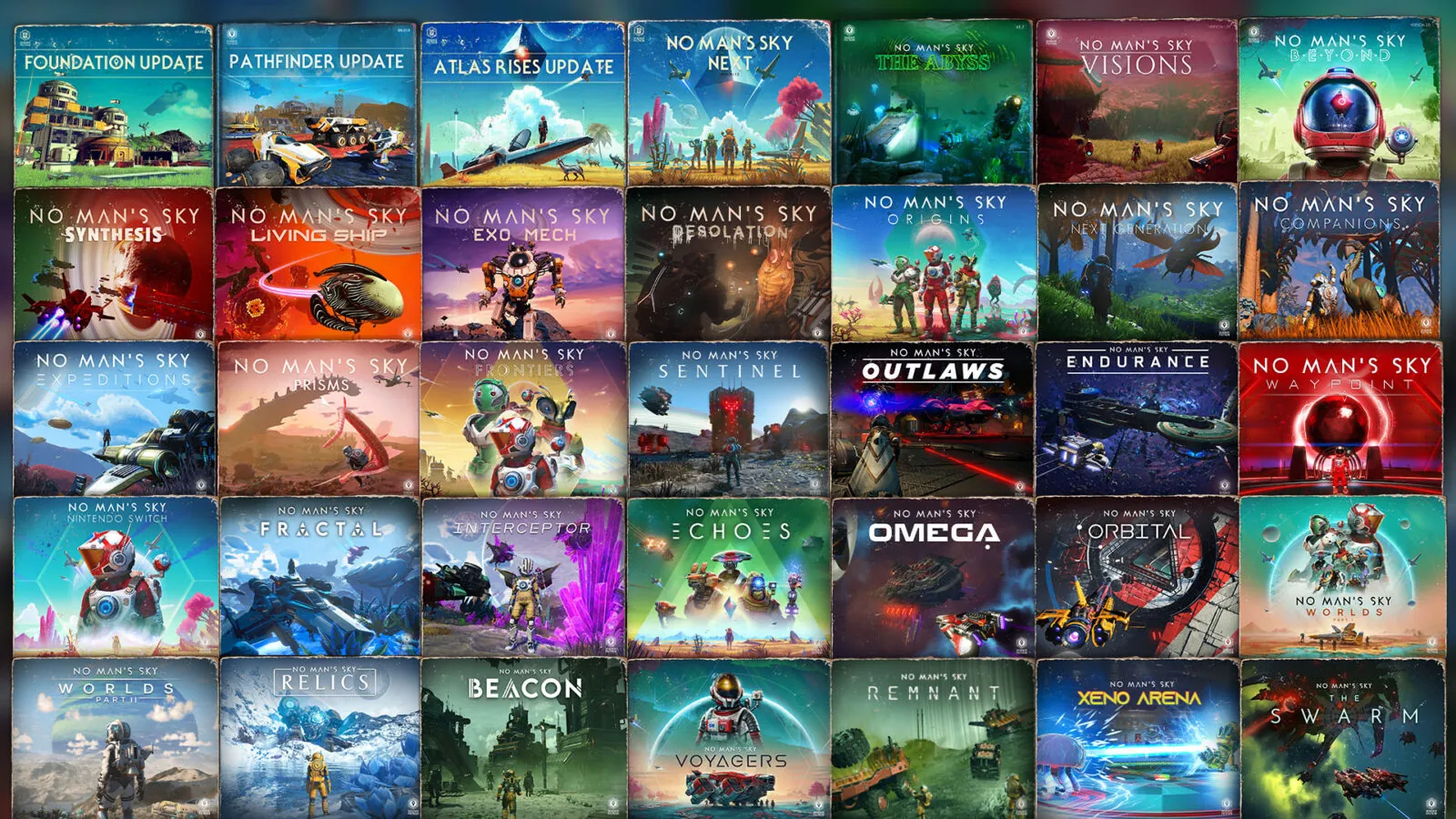 No Man’s Sky anniversary montage showing planets, spacecraft, and alien landscapes