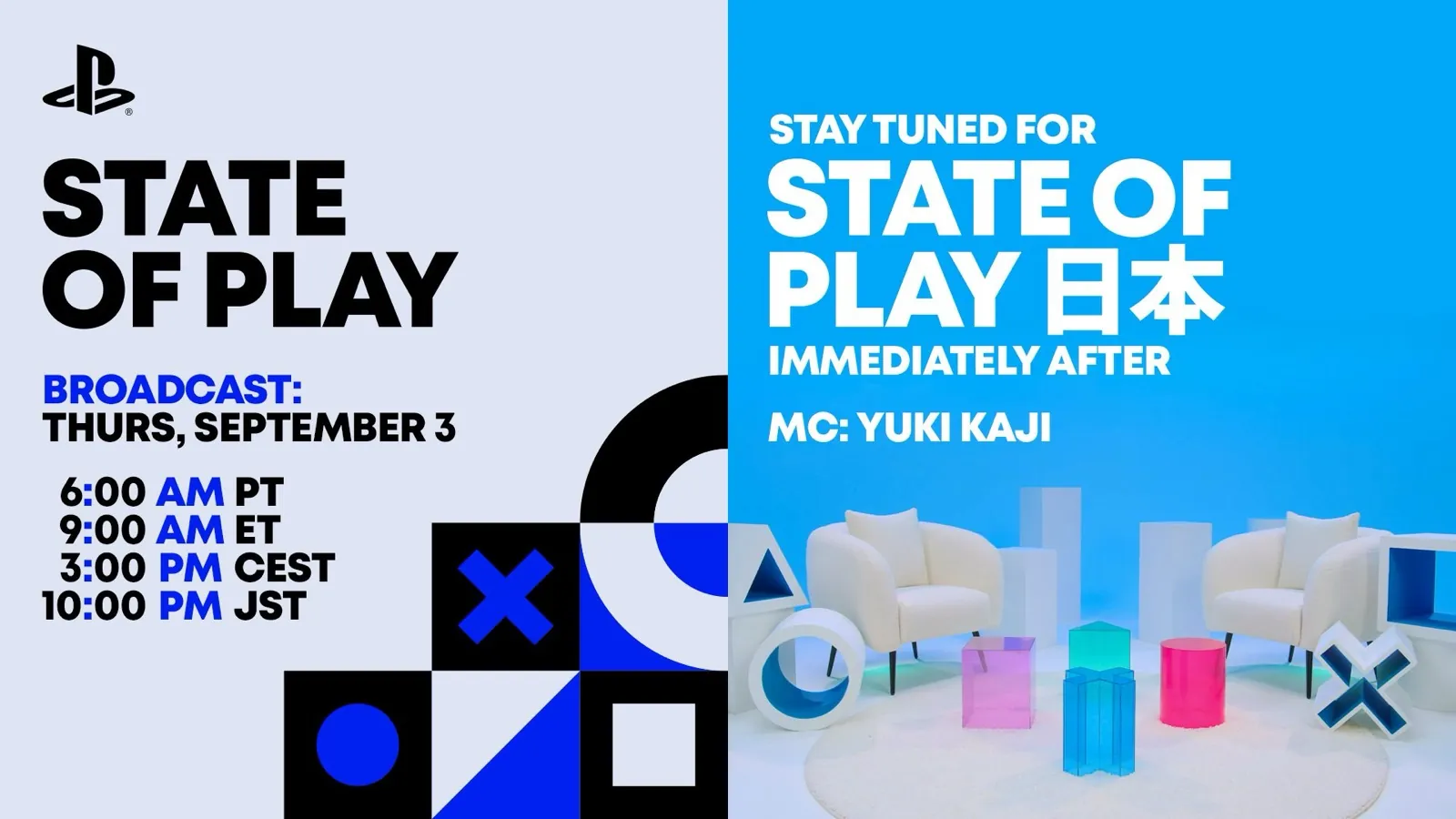 PlayStation State of Play and State of Play Japan artwork for the September 3 broadcasts