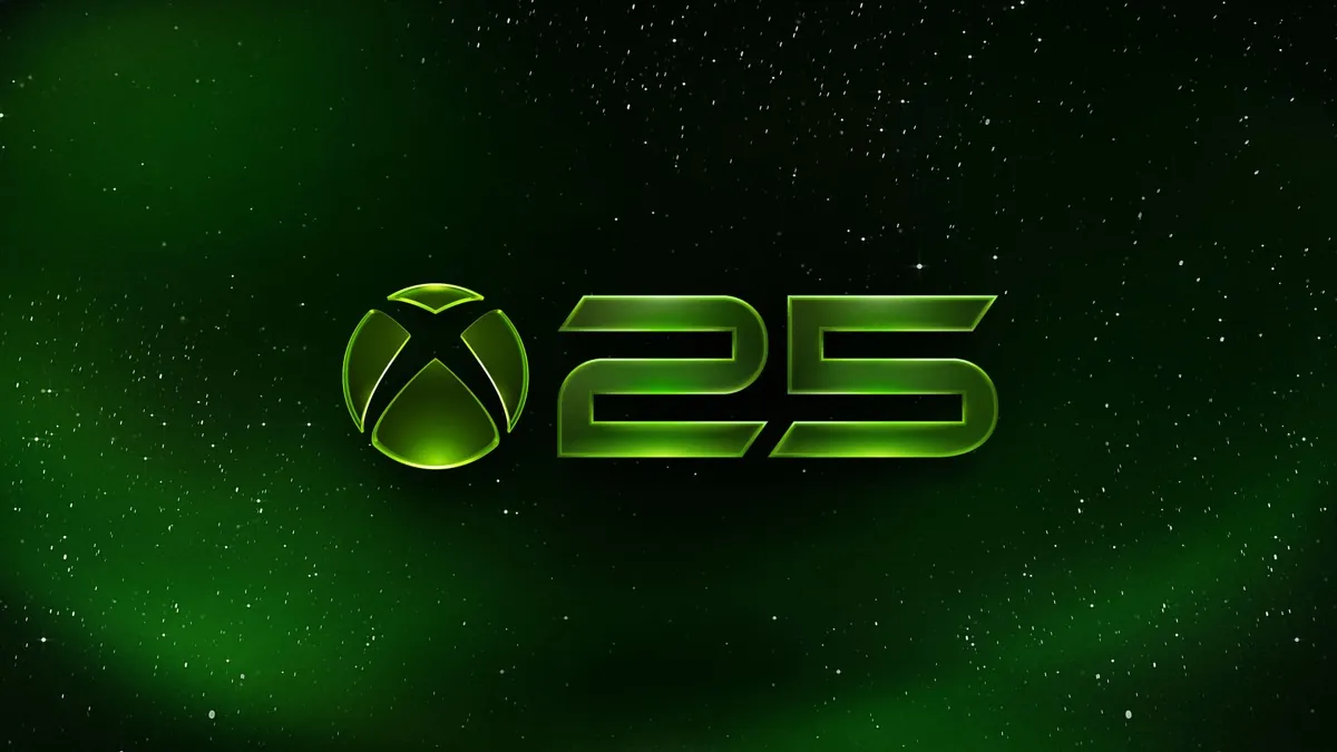 Xbox 25th anniversary artwork with four controller generations