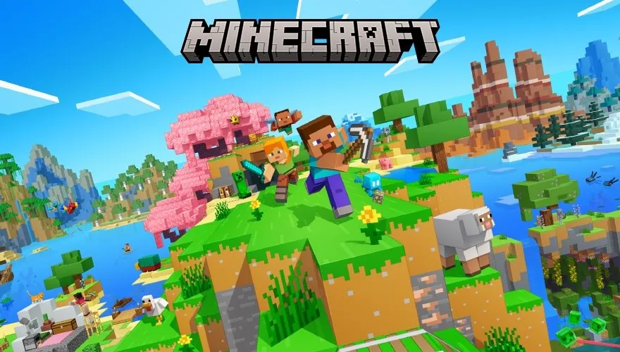 Minecraft promotional artwork showing blocky biomes, creatures, and the Minecraft logo