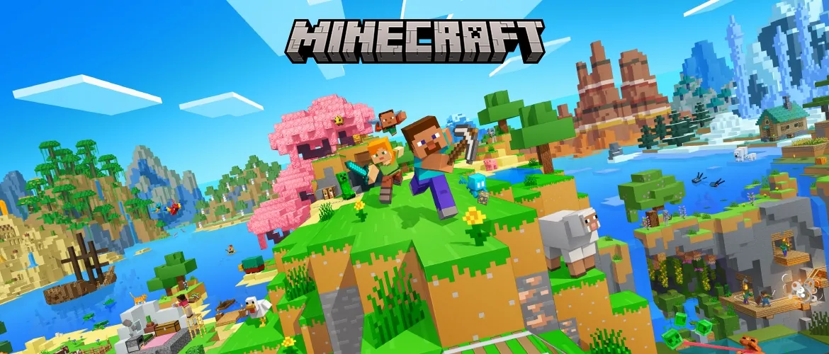 Minecraft promotional artwork showing blocky biomes, creatures, and the Minecraft logo