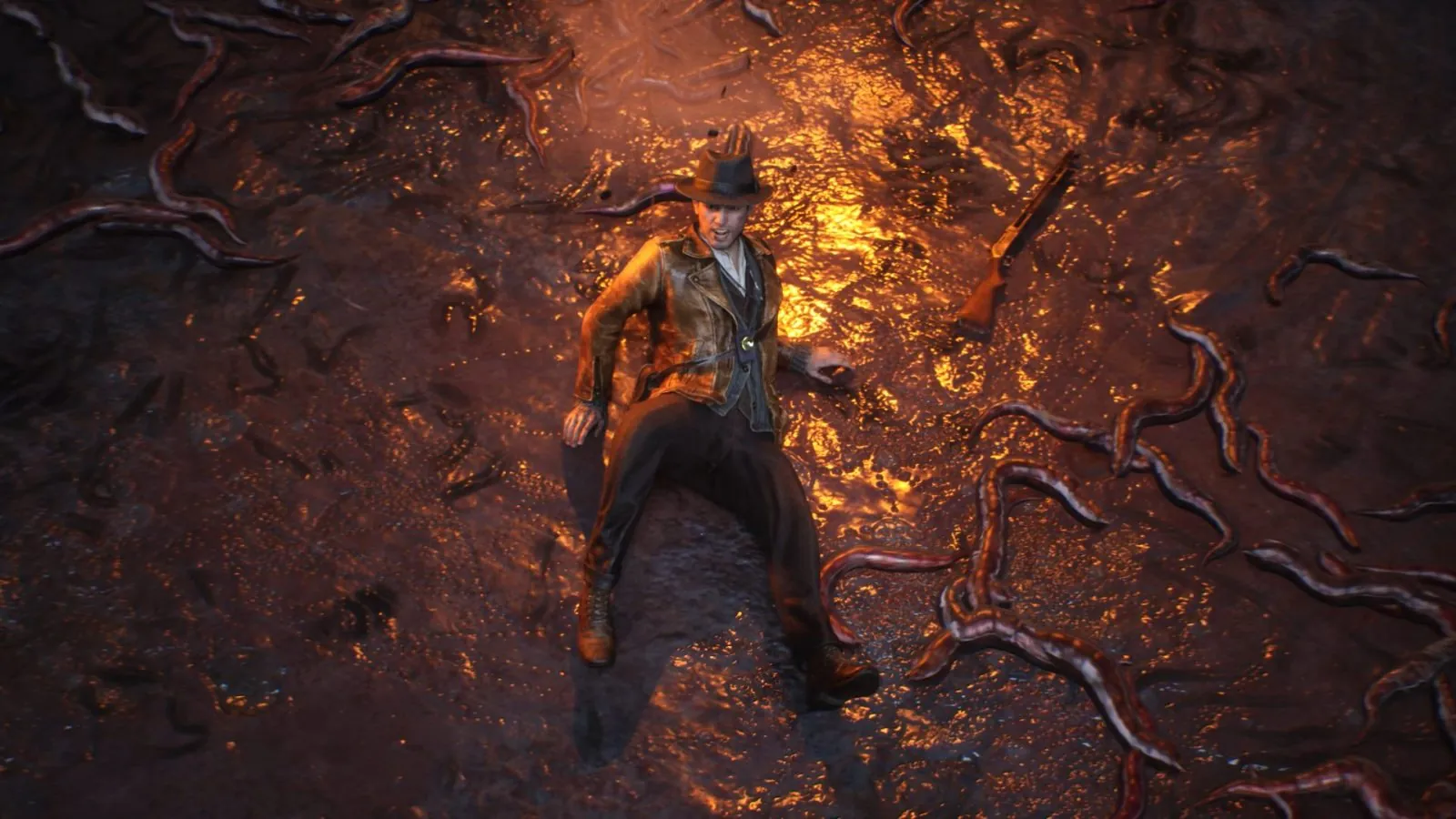 The Sinking City 2 protagonist standing among writhing tentacles