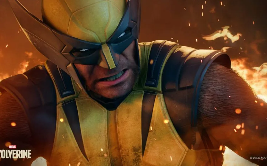 Marvel's Wolverine in a battle-worn helmet and armor amid flames