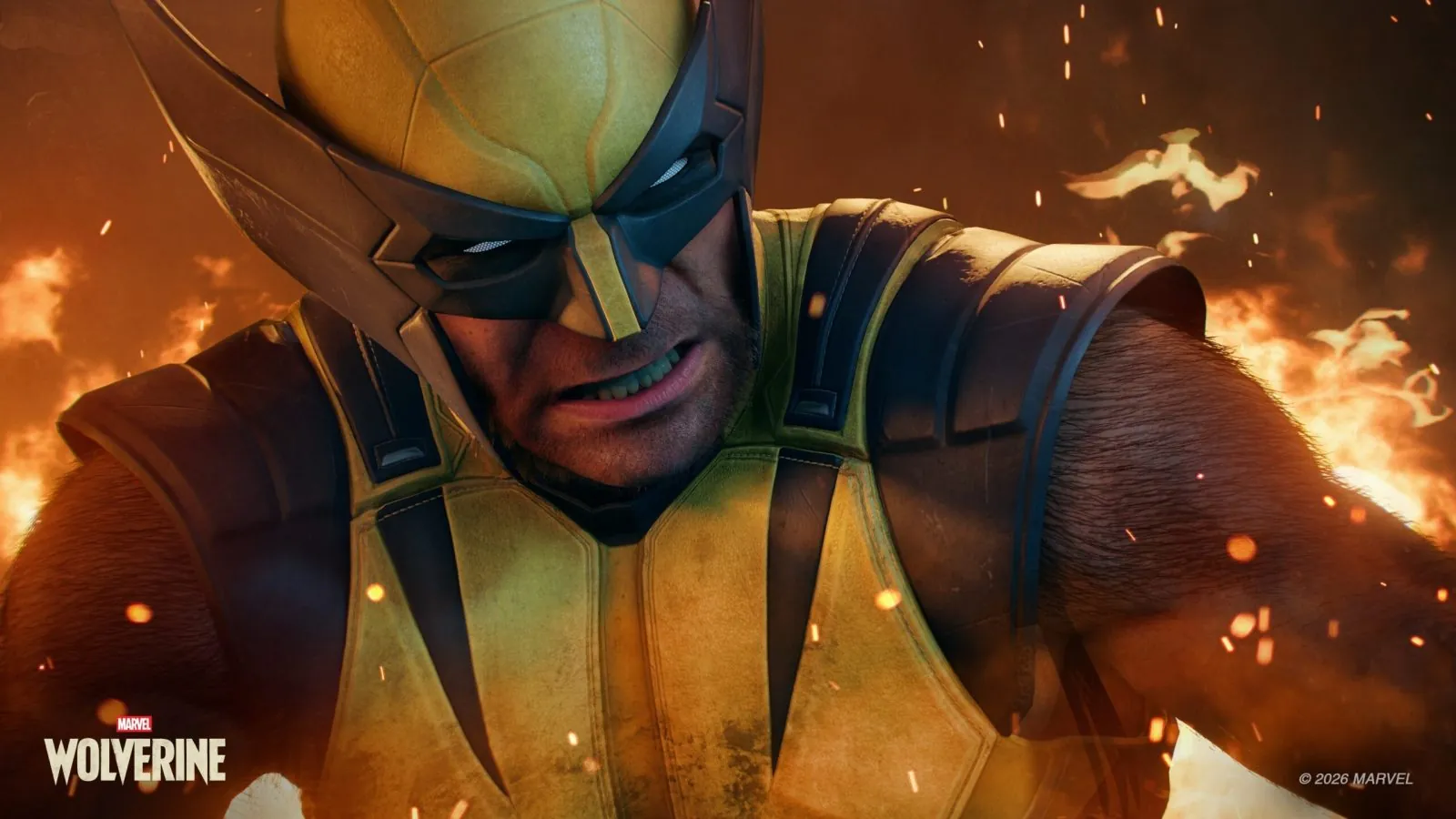 Marvel's Wolverine in a battle-worn helmet and armor amid flames