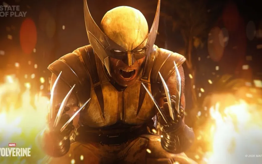 Wolverine in bronze armor with claws extended, surrounded by fire