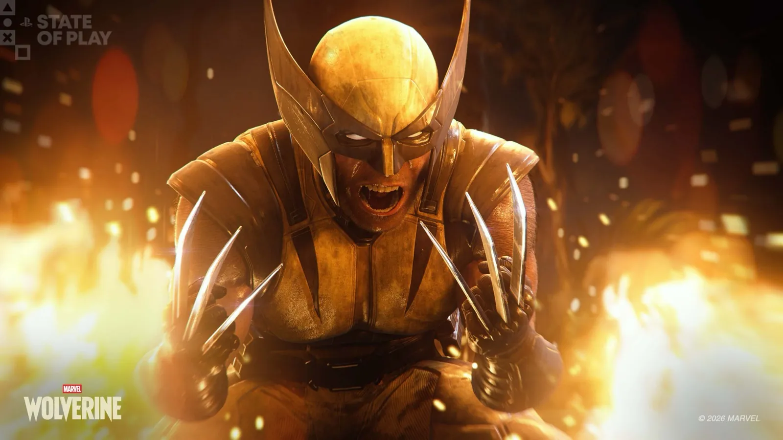 Wolverine in bronze armor with claws extended, surrounded by fire