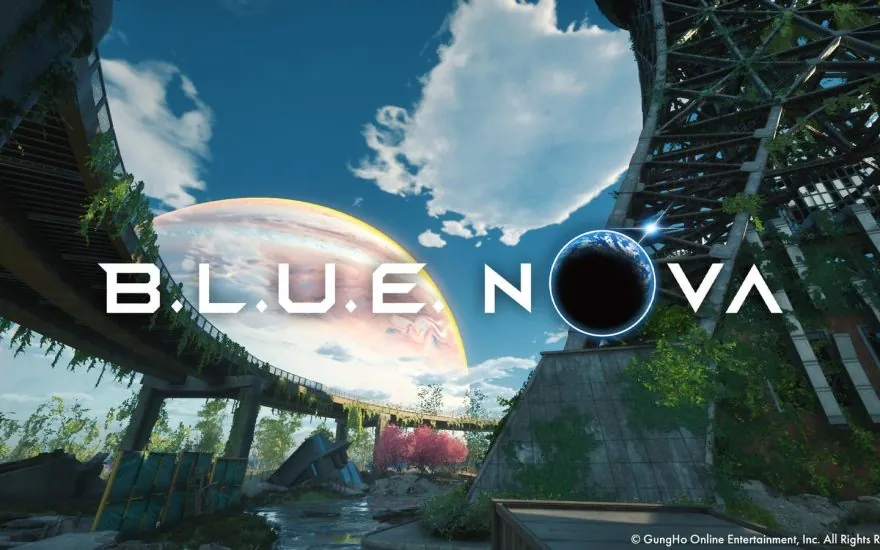 B.L.U.E. NOVA key art showing an overgrown city beneath a ringed planet