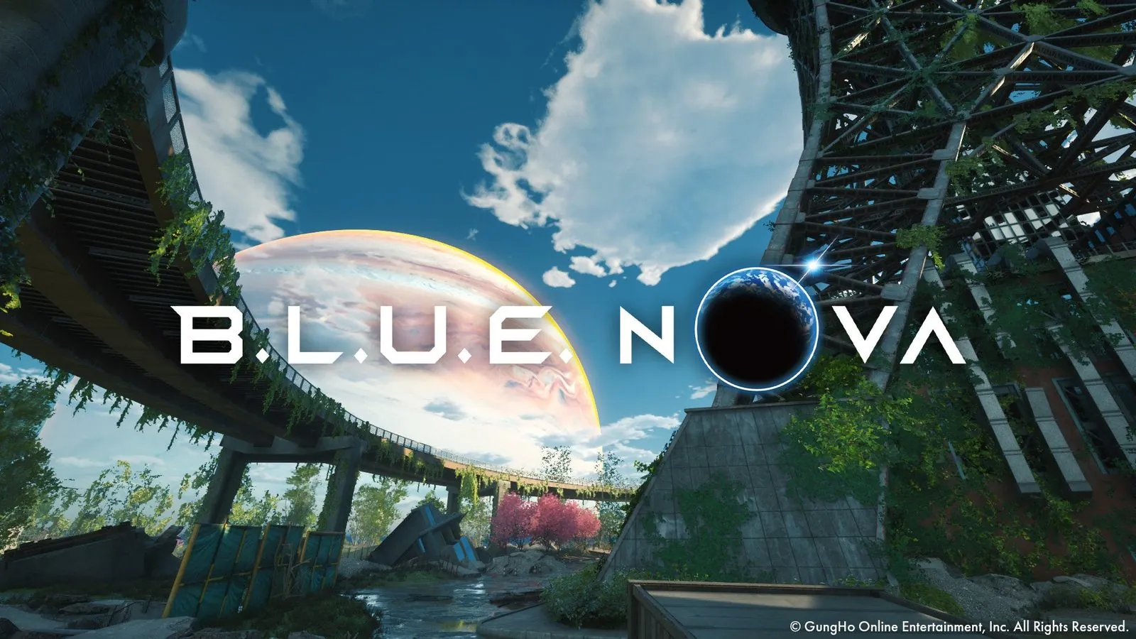 B.L.U.E. NOVA key art showing an overgrown city beneath a ringed planet