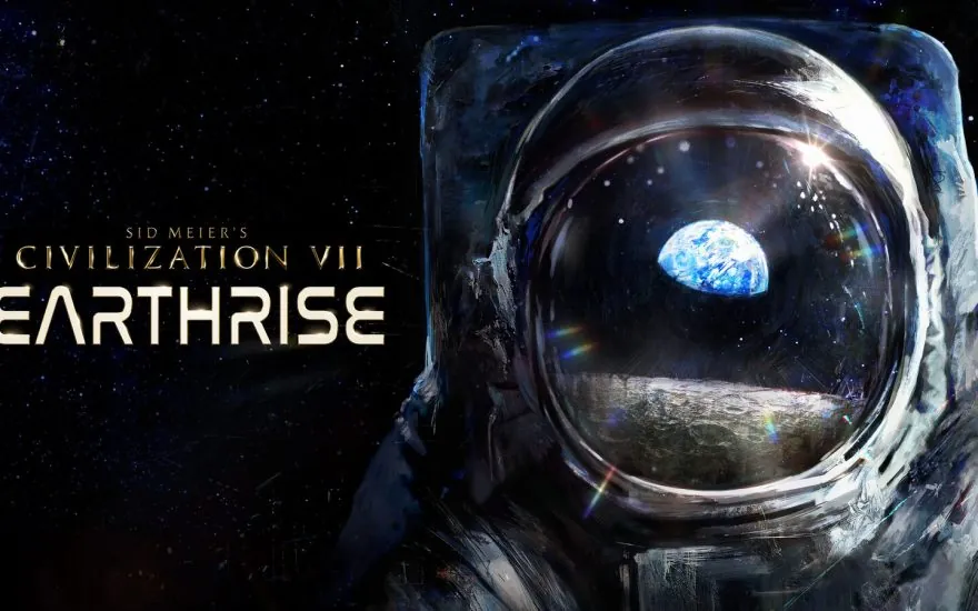 Sid Meier's Civilization VII: Earthrise title beside an astronaut helmet reflecting Earth in space.