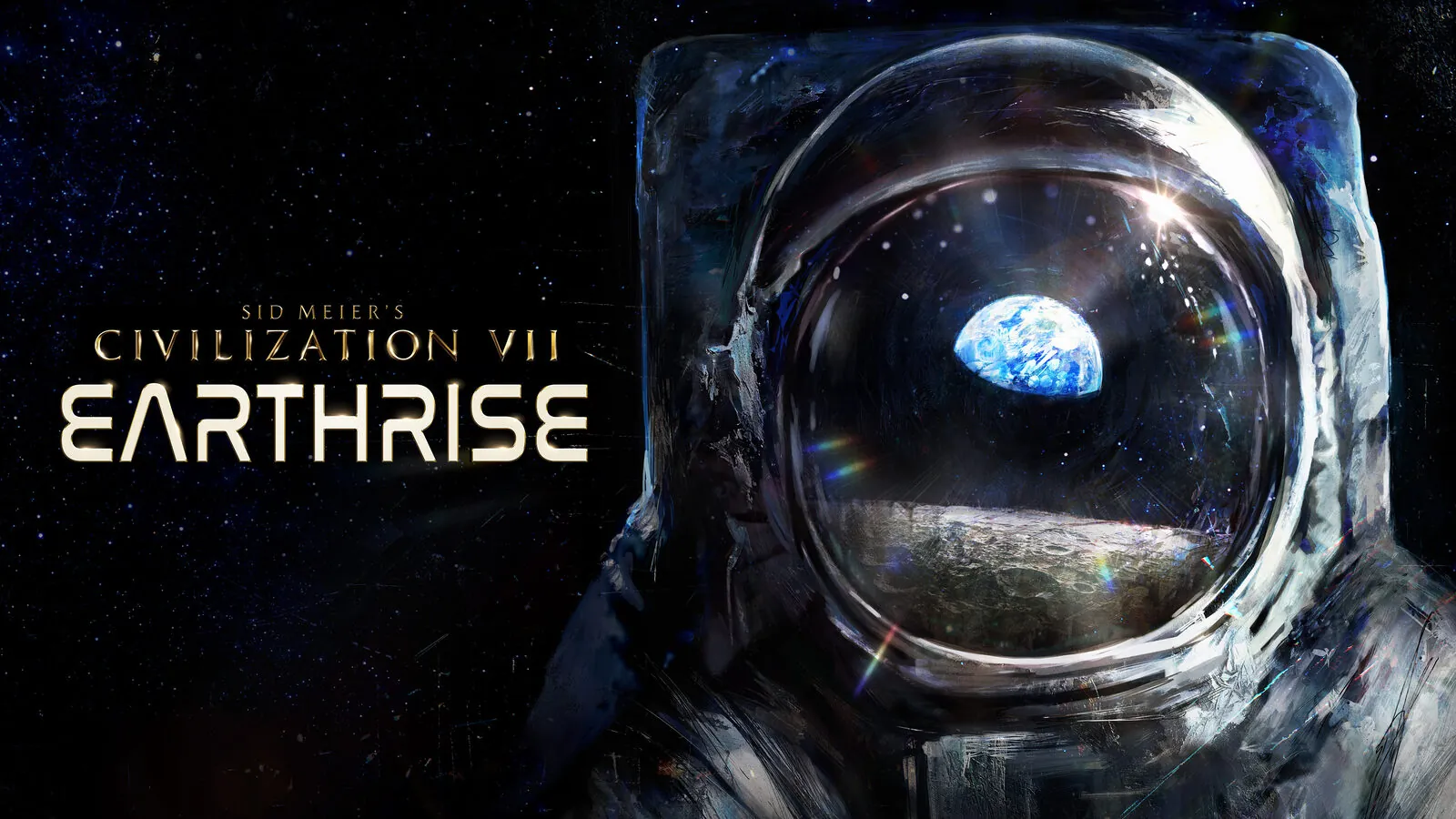Sid Meier's Civilization VII: Earthrise title beside an astronaut helmet reflecting Earth in space.