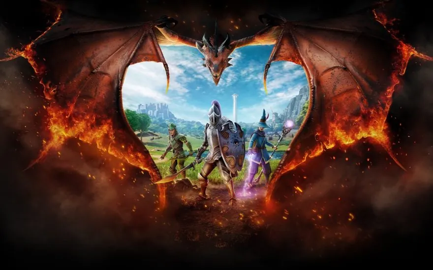 Three fantasy adventurers stand beneath a fire-breathing dragon in RuneScape: Dragonwilds key art