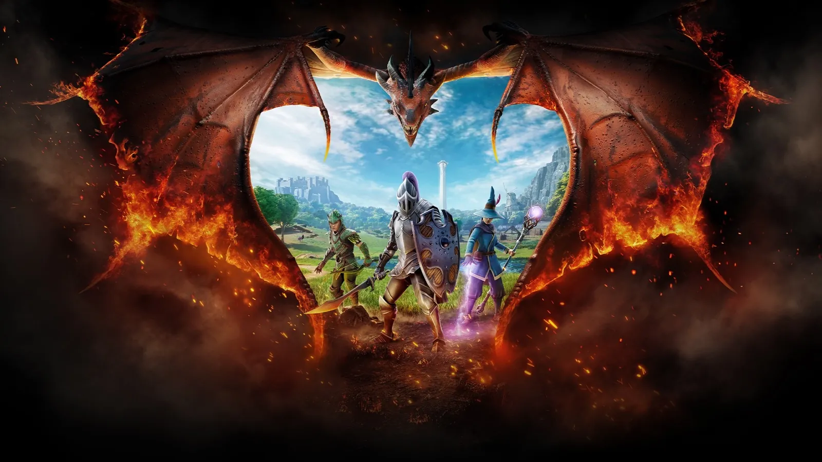 Three fantasy adventurers stand beneath a fire-breathing dragon in RuneScape: Dragonwilds key art