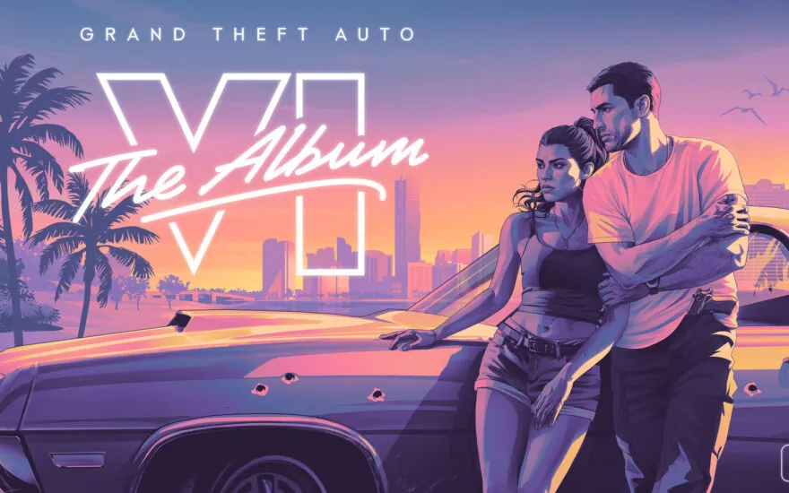 Grand Theft Auto VI: The Album artwork with the GTA VI logo, Vice City skyline and two characters beside a car