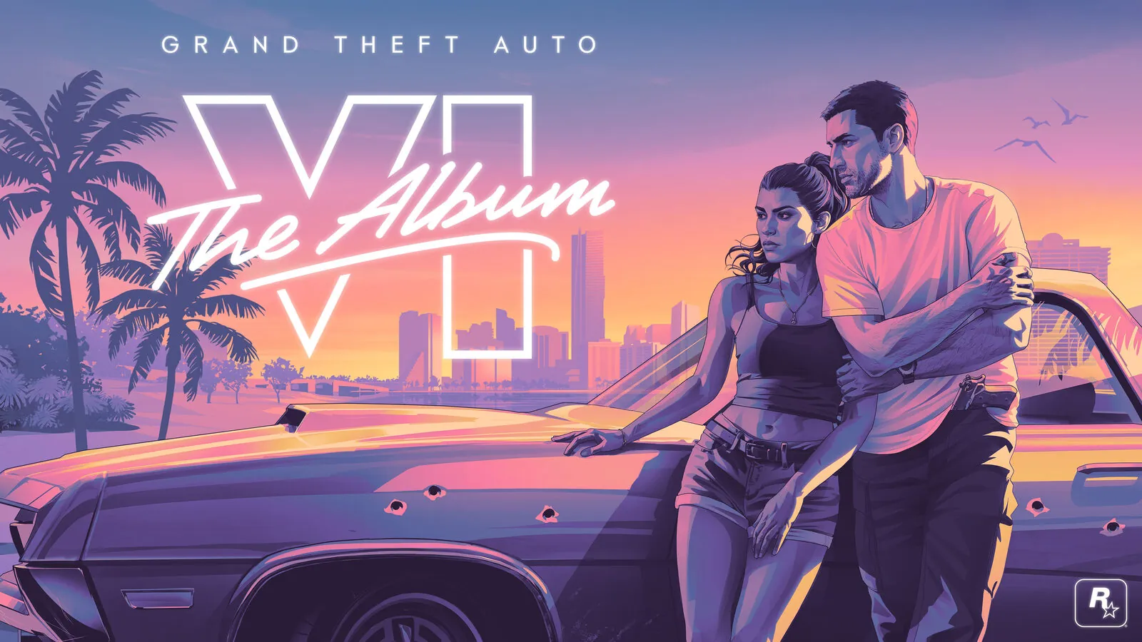 Grand Theft Auto VI: The Album artwork with the GTA VI logo, Vice City skyline and two characters beside a car