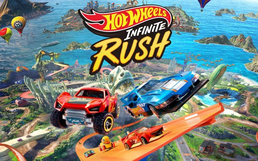 Hot Wheels Infinite Rush artwork with colorful toy cars racing on elevated orange tracks over a tropical island landscape.