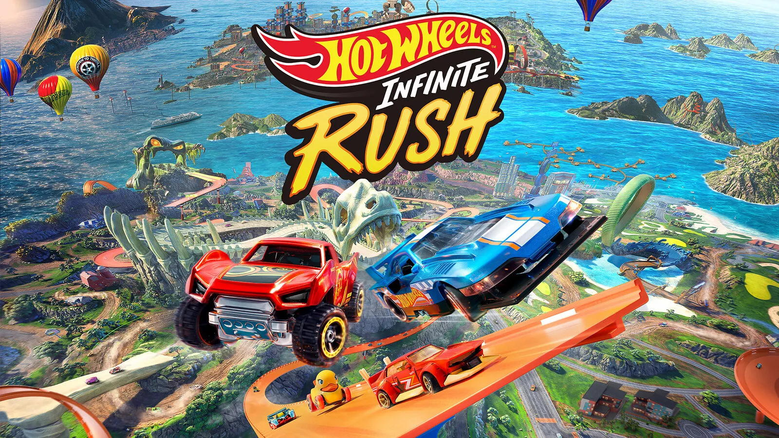 Hot Wheels Infinite Rush artwork with colorful toy cars racing on elevated orange tracks over a tropical island landscape.