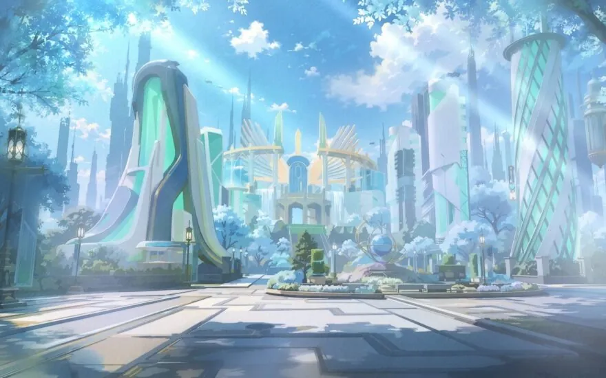 KAELIS: Seraph Protocol cityscape with a luminous academy district and futuristic towers