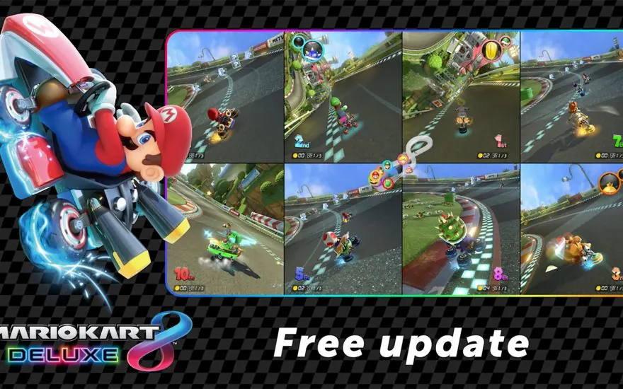 Mario drives a blue kart beside Mario Kart 8 Deluxe race scenes in a free update graphic