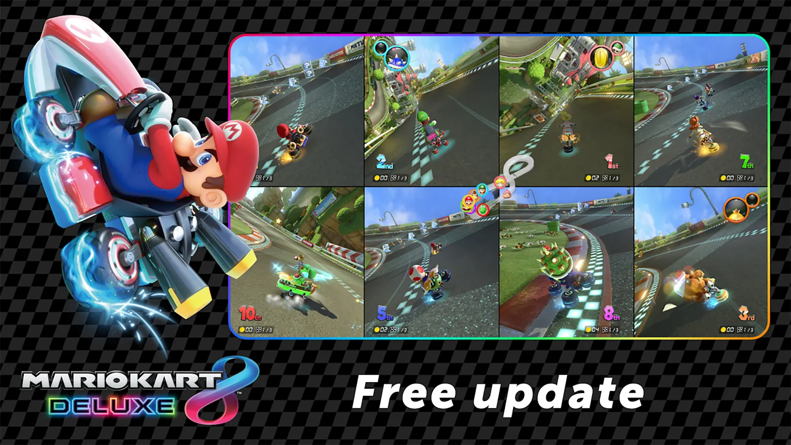 Mario drives a blue kart beside Mario Kart 8 Deluxe race scenes in a free update graphic