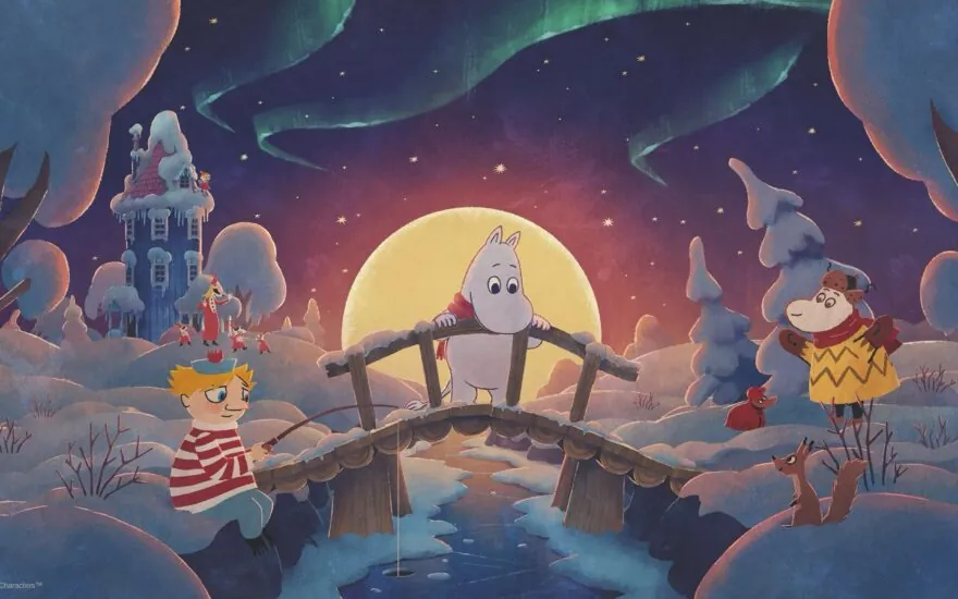 Moomintroll standing in a snowy Moominvalley scene from Winter’s Warmth