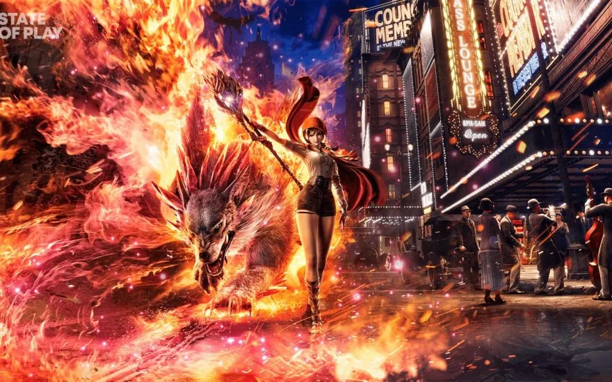 Rhapsody in Scarlet protagonist Ellie standing beside a beast amid fire and a neon-lit city street