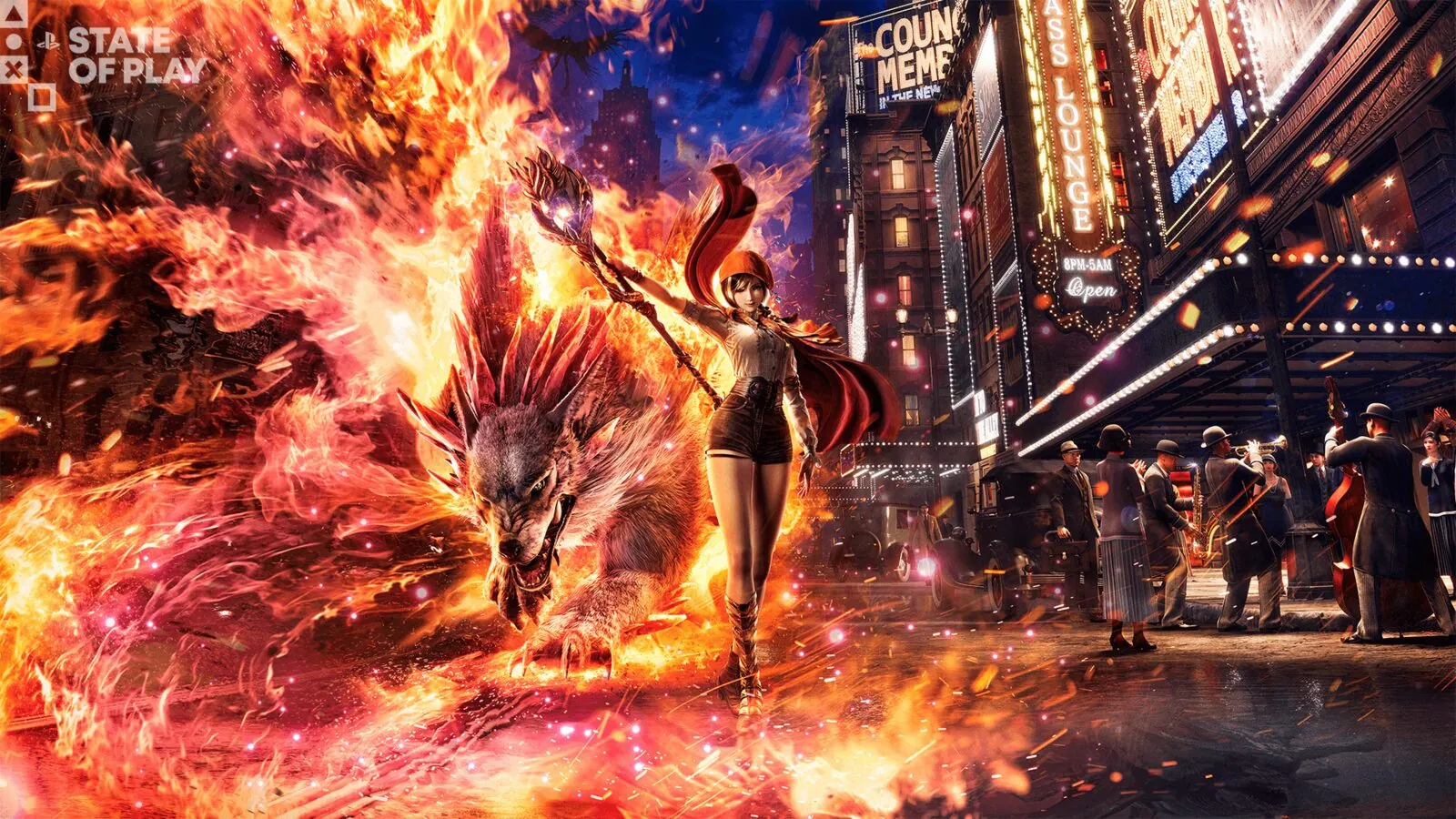 Rhapsody in Scarlet protagonist Ellie standing beside a beast amid fire and a neon-lit city street