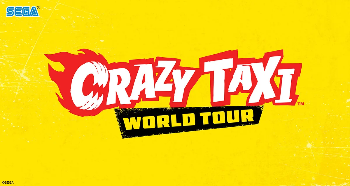 Crazy Taxi World Tour official artwork with a yellow cab racing through a city