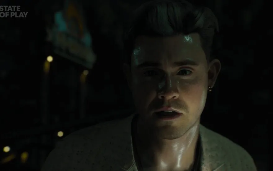 Cinematic close-up of a tense young man in a worn jacket in a dark green-lit interior