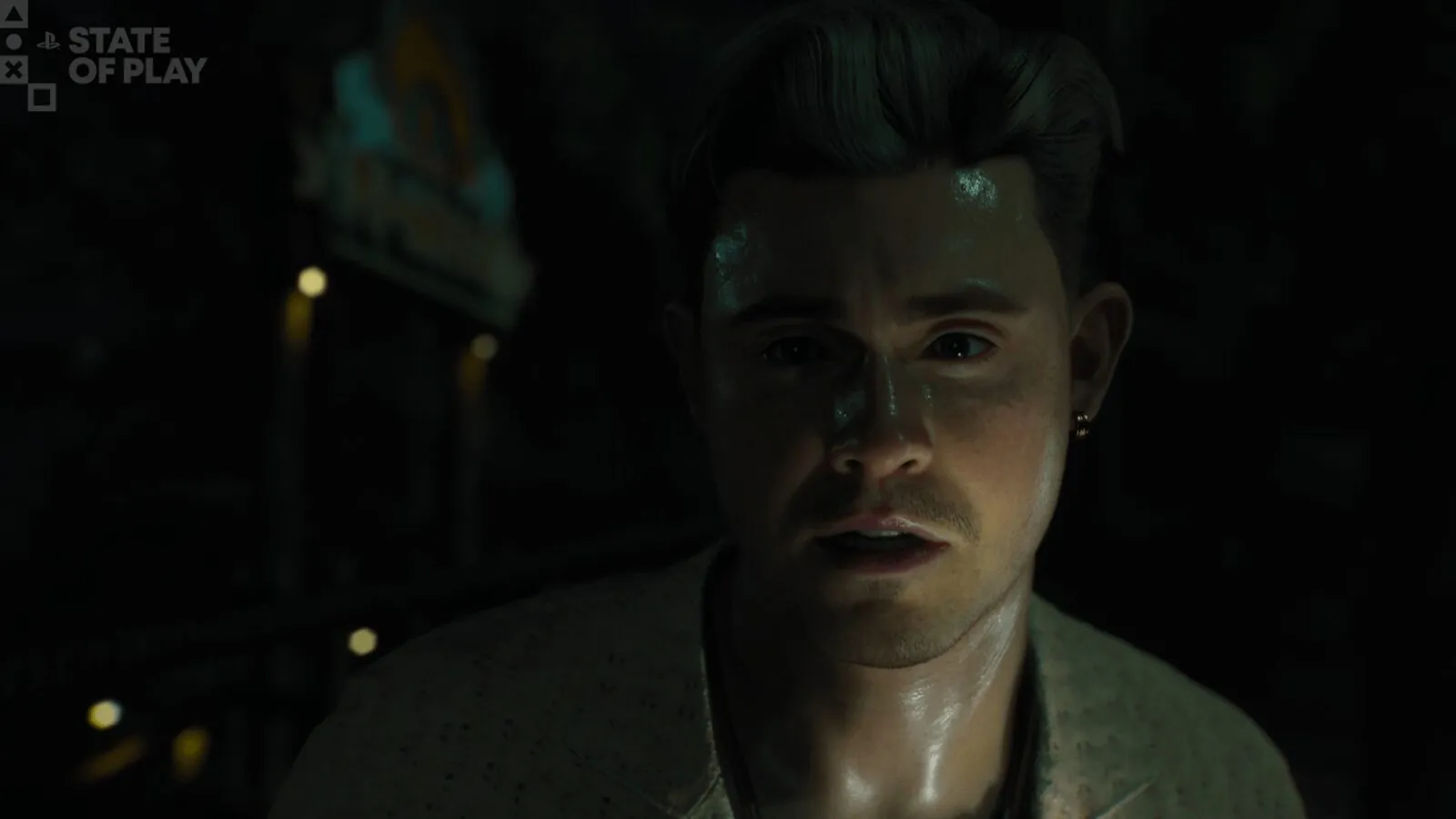 Cinematic close-up of a tense young man in a worn jacket in a dark green-lit interior