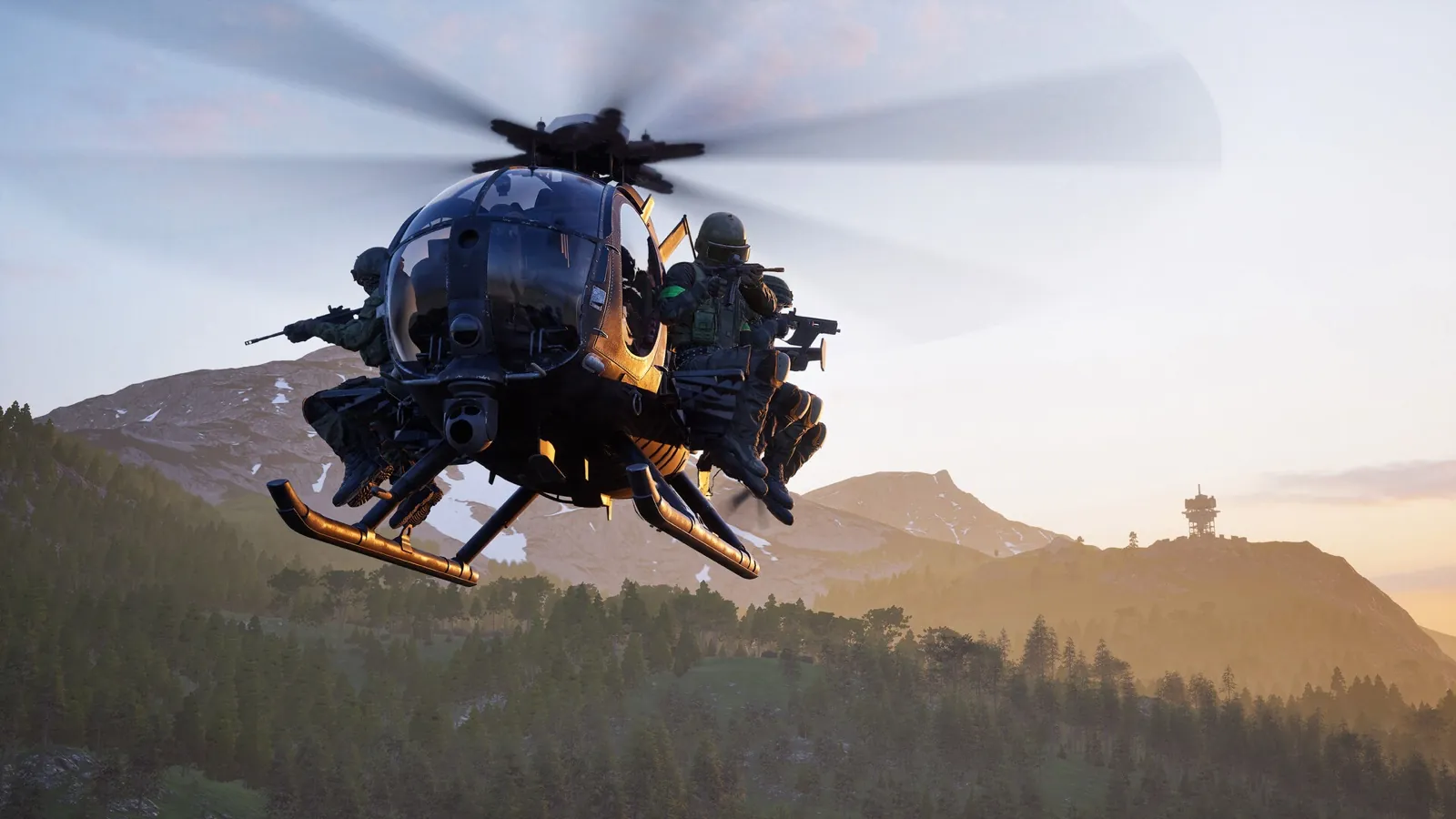 A WARDOGS helicopter crosses a mountain valley at sunset