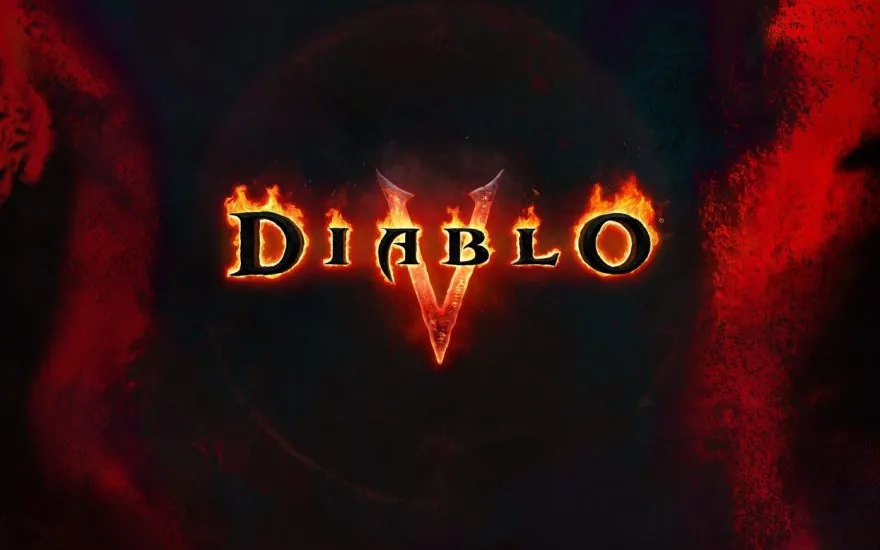 Diablo V logo over a dark background lit by red flames