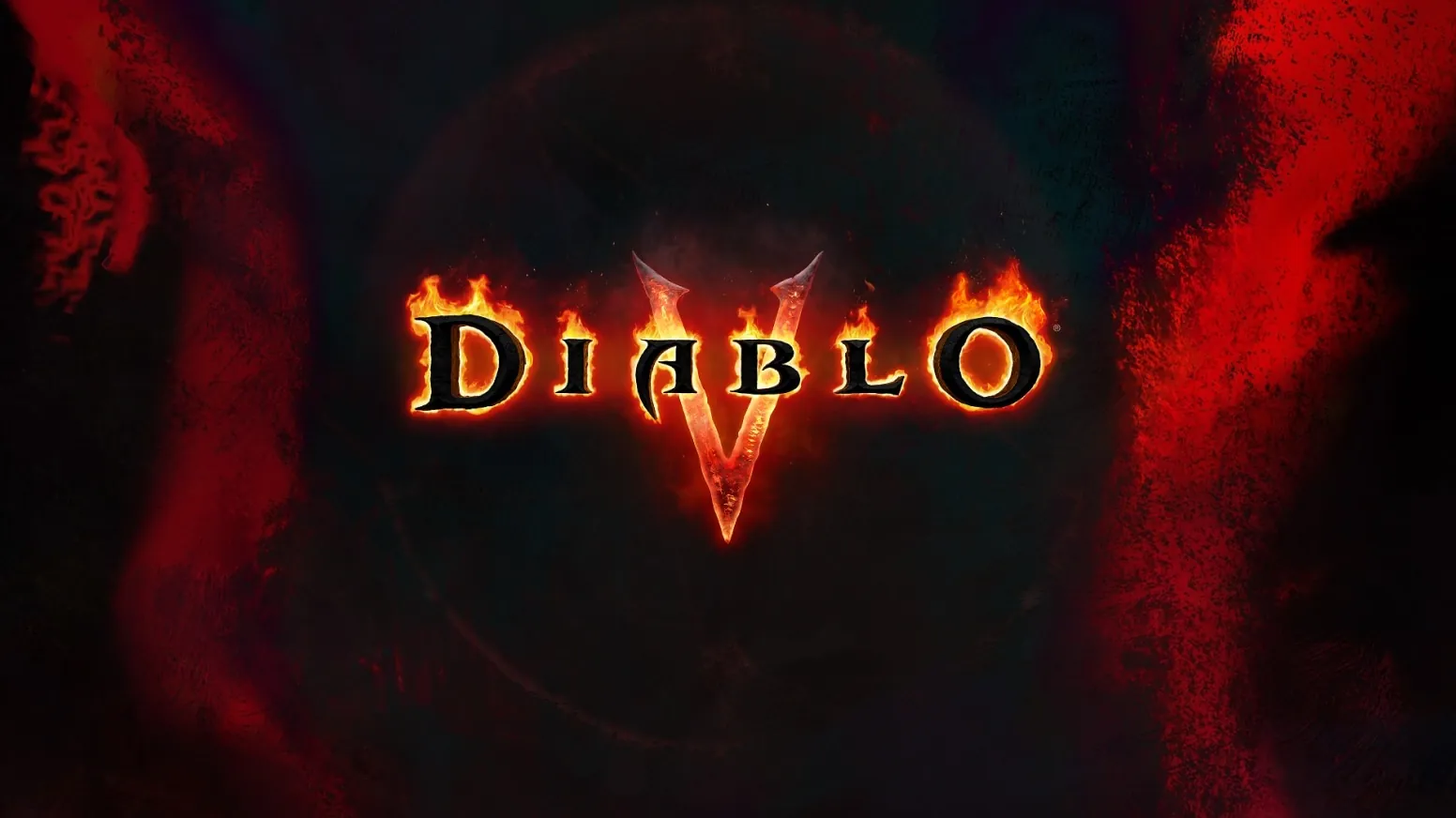 Diablo V logo over a dark background lit by red flames