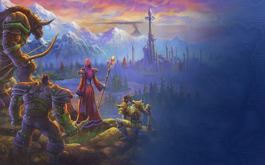 World of Warcraft: Forever promotional art showing three adventurers facing an Azeroth city