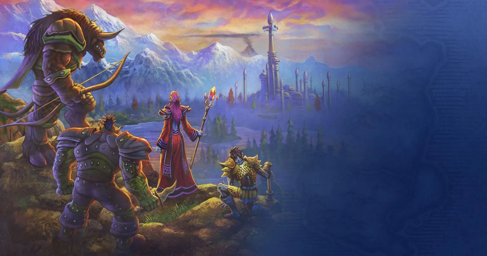 World of Warcraft: Forever promotional art showing three adventurers facing an Azeroth city